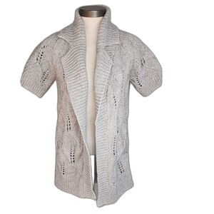 Theory Grey Cable Knit Wool Blend Short Sleeve Cardigan Sweater Size M
